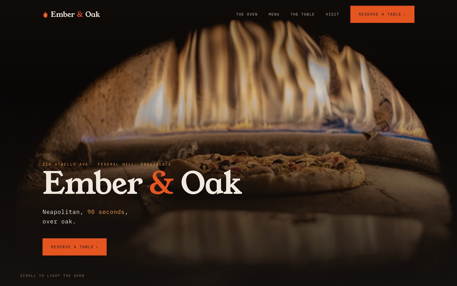 The Ember & Oak homepage — a fire-lit wood-fired pizzeria