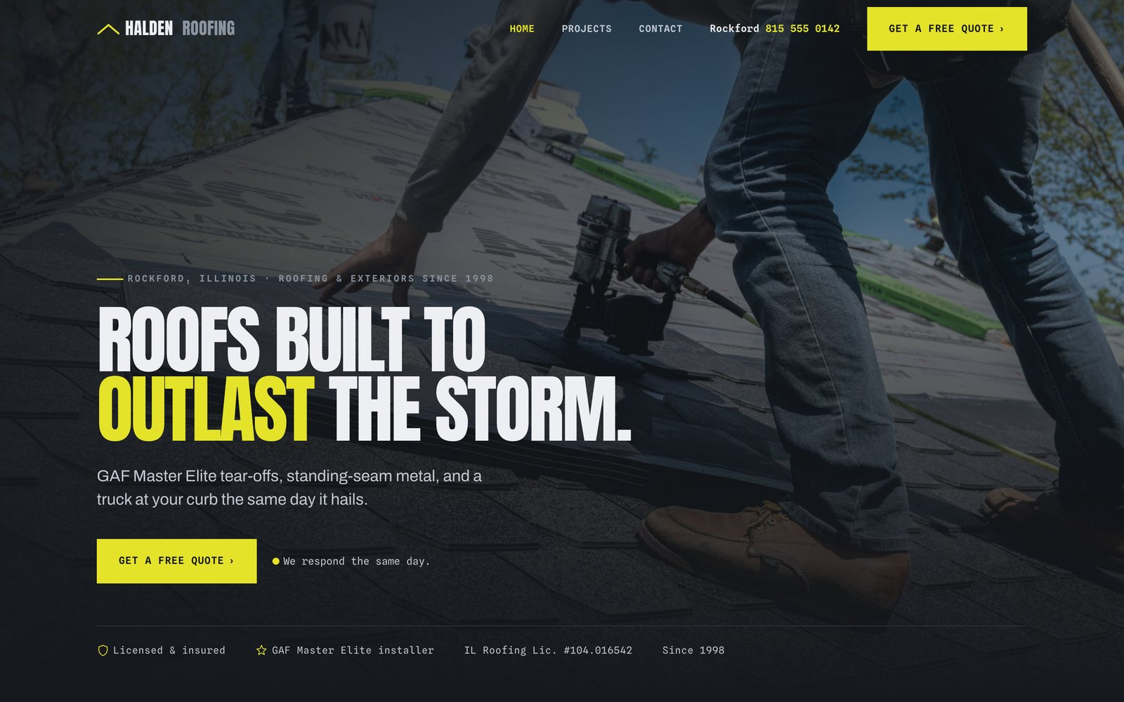 The Halden Roofing homepage — a bold industrial contractor site