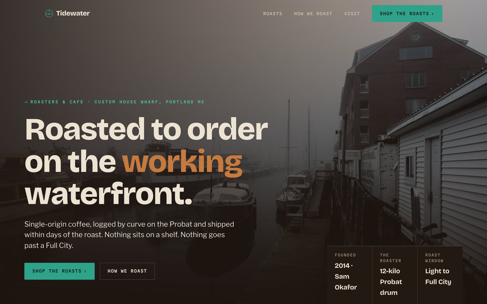 The Tidewater Coffee homepage — a tactile coastal roaster with a live shop grid
